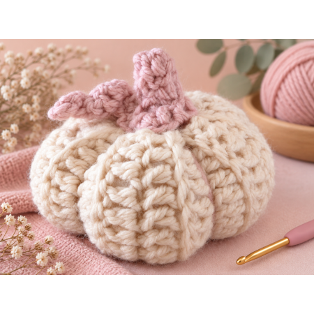 White Crochet Pumpkin with Pink Stem | Lanita.es