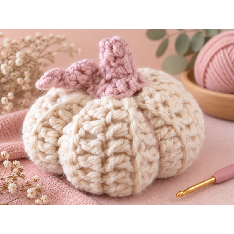 White Crochet Pumpkin with Pink Stem | Lanita.es
