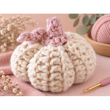 White Crochet Pumpkin with Pink Stem | Lanita.es